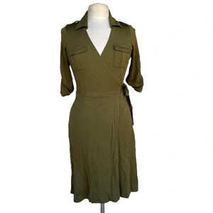 STUDIO M XS Moss Green Roll-tab Sleeves Pocket Knit Wrap Military Shirt Dress.